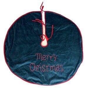 Vintage Green Velvet Corduroy Red Trim "Merry Christmas" Tree Skirt
